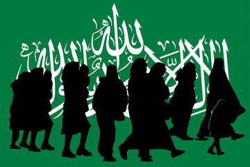 Refugees from the Gaza Strip on the background of the Hamas flag, silhouette. Women and children.