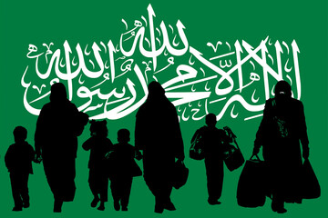 Refugees from the Gaza Strip on the background of the Hamas flag, silhouette. Women and children.