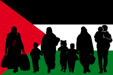 \Refugees from the Gaza Strip on the background of the Palestinian flag, silhouette. Women and children.