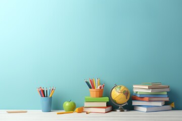 Education day concept. stationery and globe on blue background