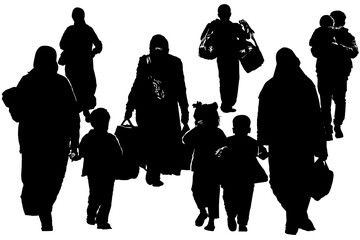 The silhouette of Islamic refugees. Women and children.