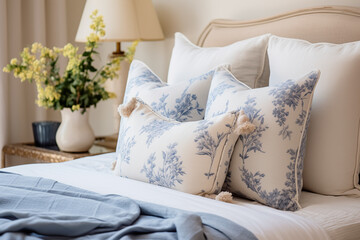  Blue pillows on bed. French country interior design of modern bedroom