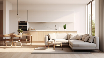 A modern minimalist home interior design with clean lines, sleek furniture, and neutral color palette, featuring an open-concept living space connected to a spacious kitchen, bathed in natural light	
