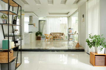 First floor of big house with living room area and kitchen