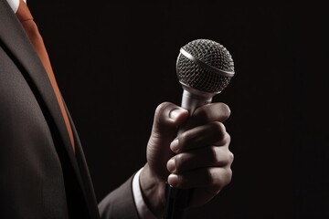 Man hands holding microphone on stand with black background
