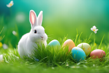 Easter white bunny and Easter eggs on a spring meadow of green grass.photo created using Playground AI platform