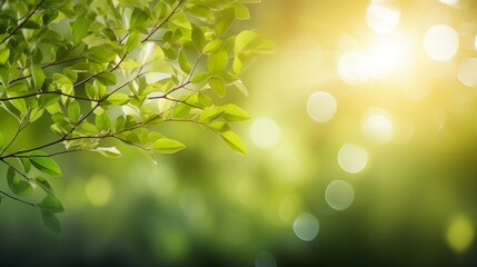 The green abstract bokeh is surrounded by tree leaves, which are illuminated with sunlight and soft light sparkles.