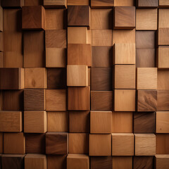 A wooden wall panel features a grid of rectangular blocks in varying woods, creating a textured decorative pattern