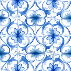 Azulejos, Portuguese blue floral blossom mozaic tiles pattern, Watercolor tileable illustration.