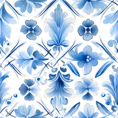 Azulejos, Portuguese blue floral blossom mozaic tiles pattern, Watercolor tileable illustration.