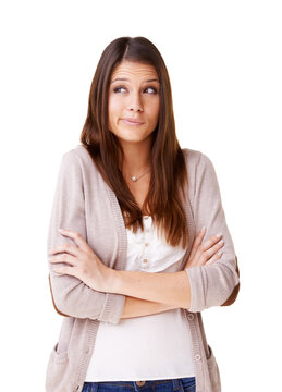 Thinking, confused and woman with arms crossed shrug in studio with questions on white background. Why, doubt and female model with asking body language, dont know or how to gesture, guess or oops