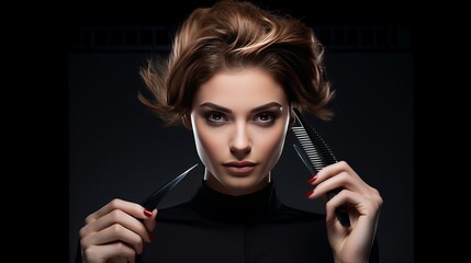 A woman with a pair of scissors and a comb