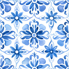 Azulejos, Portuguese blue floral blossom mozaic tiles pattern, Watercolor tileable illustration.