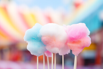 Multi-colored cotton candy on wooden sticks, Carnival background, Generative AI