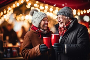 Happy senior couple smiling and drink hot beverage, mulled wine or coffee. Christmas holiday...