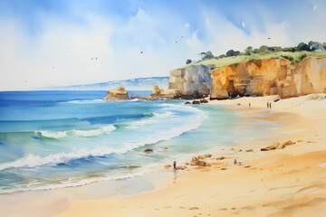 Beach in Algarve, Portugal. Watercolor illustration of beach with rocks. - obrazy, fototapety, plakaty