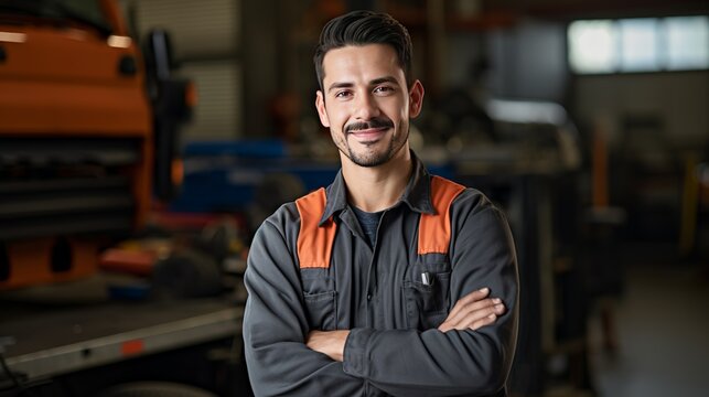 Fototapeta A young mechanic who is hispanic is wearing overalls and smiling, while his arms are crossed.