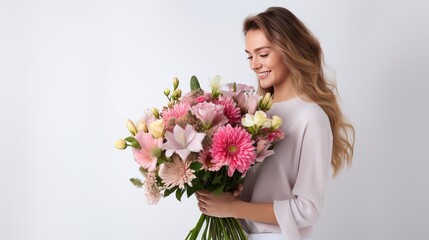 I am creating a gift for a young, beautiful florist with a colorful fresh bouquet isolated on a white studio background. the caucasian woman works in the field of art, modern work, and