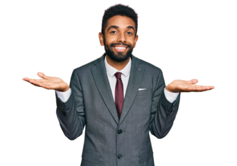 Young african american man wearing business clothes clueless and confused expression with arms and hands raised. doubt concept.