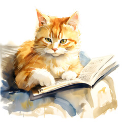 Cat reading a book. Watercolor illustration.