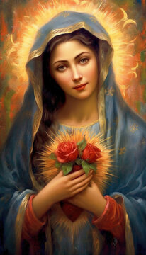 Artistic representation of Virgin Mary with roses. Concept reflects sacred devotion and serenity.