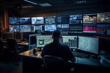 A control room with multiple computer screens displaying security feeds and a sole operator. - obrazy, fototapety, plakaty
