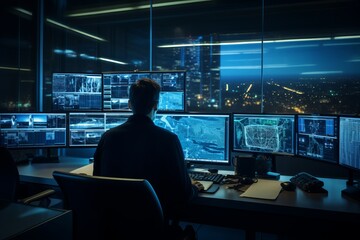 A control room with multiple computer screens displaying security feeds and a sole operator.