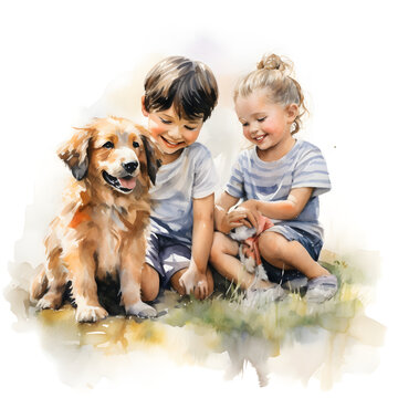 Children with a dog, watercolor portrait illustration.