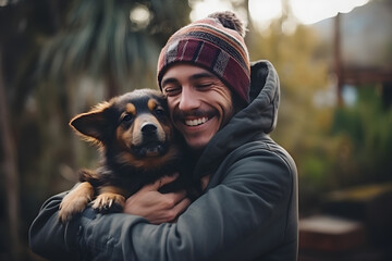Hombre latino abrazando a su mascota, perro adorable - obrazy, fototapety, plakaty