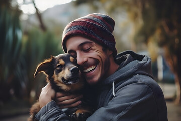 Hombre latino con su mascota preferida, amor animal