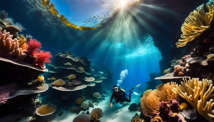 Foto op Canvas An ancient shipwreck is explored by a diver at the bottom of the sea, an underwater journey among the Great Barrier Reef  around tropical fish, bright corals © Perecciv