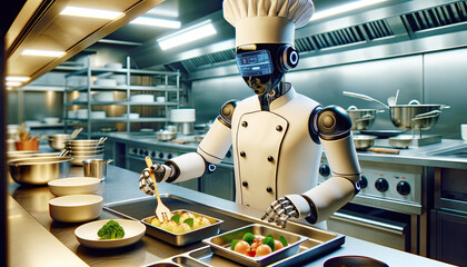 Humanoid robot working as a chef in a high-end restaurant kitchen