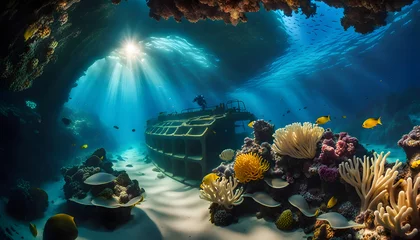 Keuken foto achterwand Schipbreuk An ancient shipwreck is explored by a diver at the bottom of the sea, an underwater journey among the Great Barrier Reef  around tropical fish, bright corals