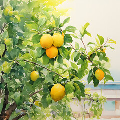 Lemon trees garden, watercolor illustration.