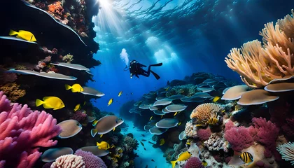 Foto auf Leinwand An ancient shipwreck is explored by a diver at the bottom of the sea, an underwater journey among the Great Barrier Reef  around tropical fish, bright corals © Perecciv