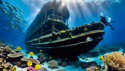 Deurstickers An ancient shipwreck is explored by a diver at the bottom of the sea, an underwater journey among the Great Barrier Reef  around tropical fish, bright corals © Perecciv