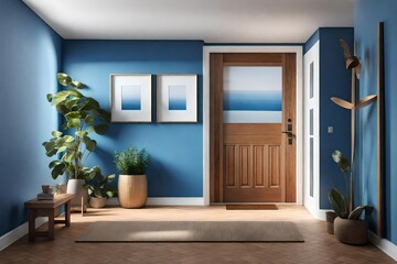 A 3D rendering of a home entrance featuring a front door and a blue wall with a blank photo frame. 