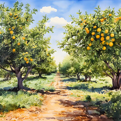 Fototapeta na wymiar Lemon trees garden, watercolor illustration.