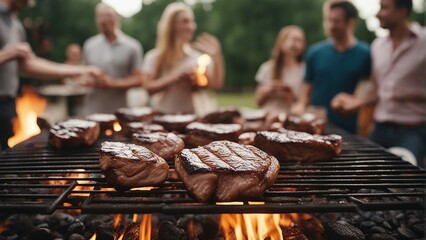 close-up of fried steaks on the barbecue, blurred image of people having fun together in the background
 - obrazy, fototapety, plakaty