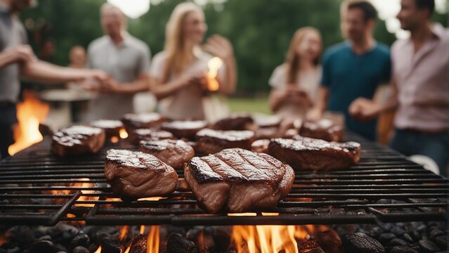 close-up of fried steaks on the barbecue, blurred image of people having fun together in the background
