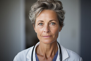 Portrait of a female doctor, closeup of an experienced physician with medical stethoscope and coat 