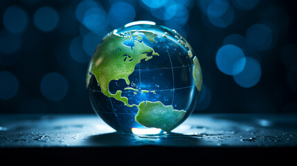 Environment. Glass globe on grass, moss in the forest - green planet. ecological concept - obrazy, fototapety, plakaty