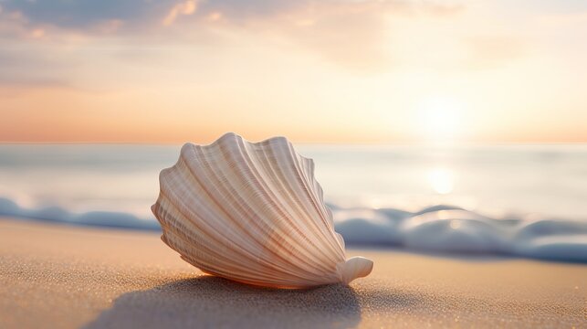 Serene Sunrise at Tropical Beach with Seashell on Sand