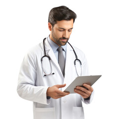 Young male doctor watching medical report on digital tablets