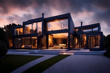 An evening shot of an illuminated contemporary home, highlighting its geometric shapes and clean...