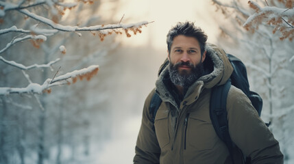 Fototapeta na wymiar A man with a backpack walks in the winter forest. Snow-covered forest, beautiful Christmas trees. Beautiful winter landscape, cold nature. Stunning scenic view. Outdoor adventure. Generated AI