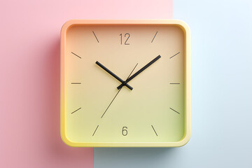 Modern clock with a yellow face on pink and blue split background