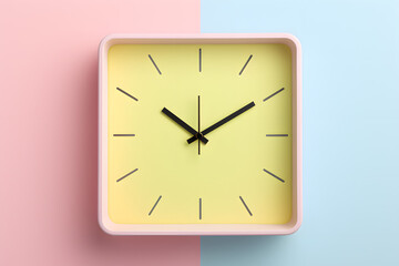 Square wall clock with yellow face on blue and pink split background
