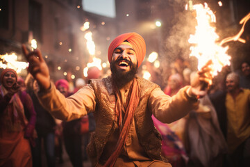 Fototapeta na wymiar Punjabi religious people performing bhangra dance, celebrating lohri festival