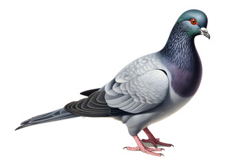 Gray pigeon with red feet standing on white background